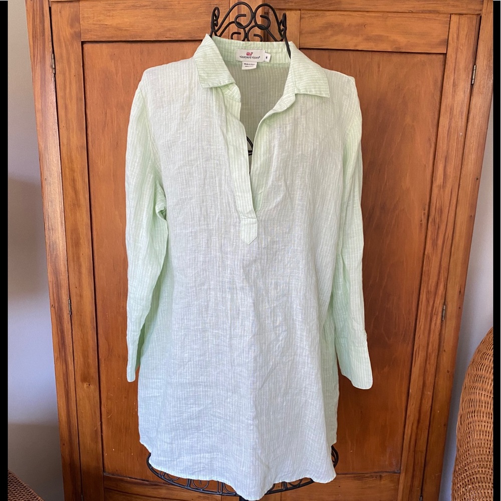 Vineyard Vines green white stripe linen tunic M